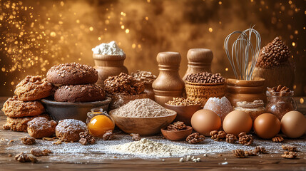 baking prep on golden honey backdrop, eggs, whisk, bowl, flour