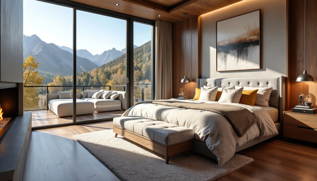Luxury bedroom with mountain view. Large windows show autumn forest and peaks. Fireplace and modern decor create cozy atmosphere in spacious master suite.