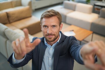 Obraz premium Close-up of a Caucasian furniture showroom consultant in his early 40s