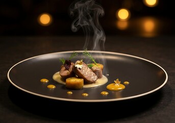 Exquisite Culinary Creation Featuring Tender Meat Slices Drizzled with Aromatic Sauce Garnished with Fresh Herbs and Edible Gold Leaf