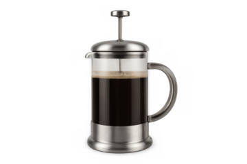 French press coffee maker brewing a hot beverage, glass plunger pot with metal details, transparent background