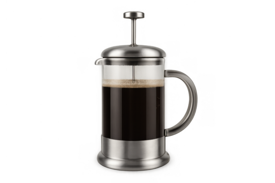 French press coffee maker brewing a hot beverage, glass plunger pot with metal details, transparent background