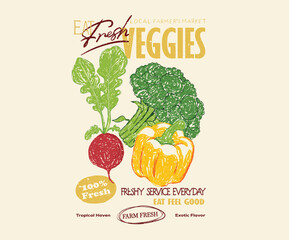 Fototapeta premium Eat fresh vegetable. Local vegetable market artwork for t shirt print, poster, sticker and other uses. Vegetable love club. Organic vegetable farm.