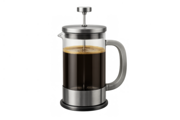 French press coffee maker brewing strong espresso coffee, fresh morning hot beverage, transparent background