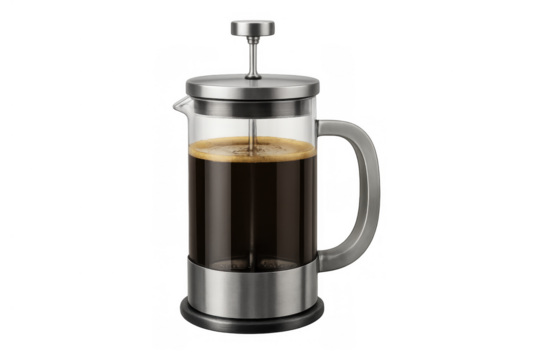 French press coffee maker brewing strong espresso coffee, fresh morning hot beverage, transparent background