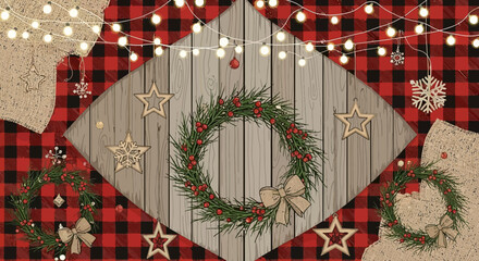 Cozy rustic Christmas scene with festive pine wreaths, warm string lights, wooden stars, and classic buffalo plaid fabric.
