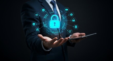 Cybersecurity concept with a businessman holding a tablet and a glowing padlock icon with digital network connections