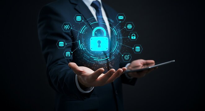 Cybersecurity concept with a businessman holding a tablet and a glowing padlock icon with digital network connections - Powered by Adobe