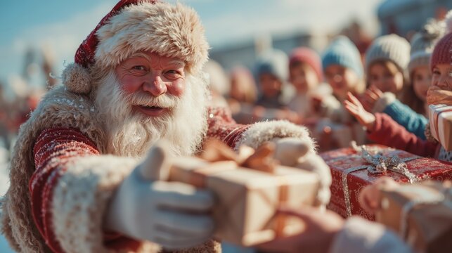 Joyful santa claus distributing gifts to excited children at festive outdoor holiday event on a sunny winter day