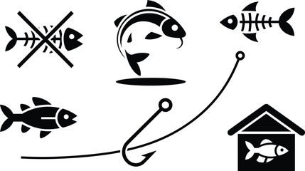Fishing icons set, fish skeleton, hooks, no fishing sign, fish market symbol, aquatic life, seafood, black and white vector