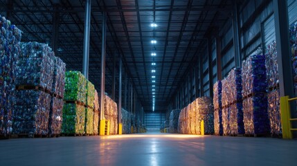 A vast warehouse filled with neatly stacked recyclable materials under bright industrial lighting