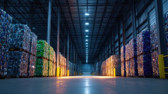 A vast warehouse filled with neatly stacked recyclable materials under bright industrial lighting - Powered by Adobe