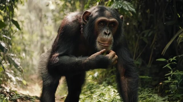 A chimpanzee staring at the camera while walking in the forest