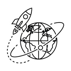 Rocket launching from earth in a stylized line art