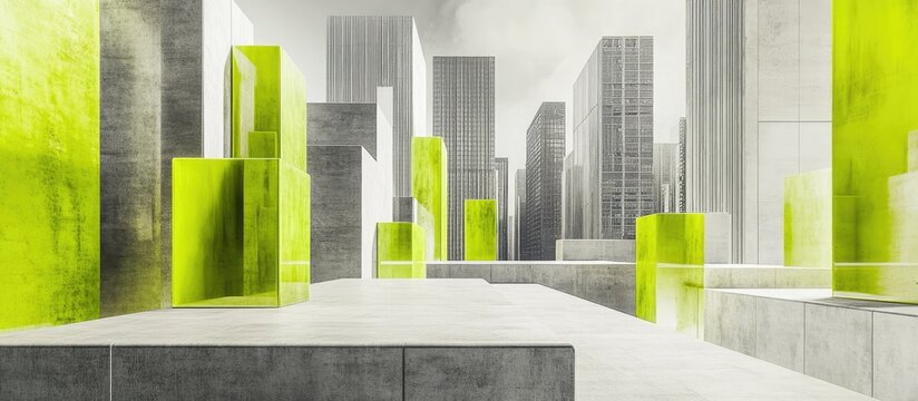 Abstract Architectural Cityscape with Neon Green Accents and Geometric Forms