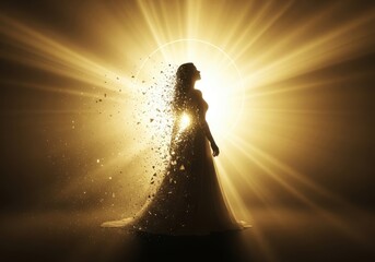 Silhouette of a woman in a flowing dress, dissolving into light and particles, representing transformation, rebirth, or a spiritual awakening