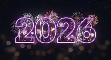 Glowing 2026 neon outline with vibrant fireworks celebration