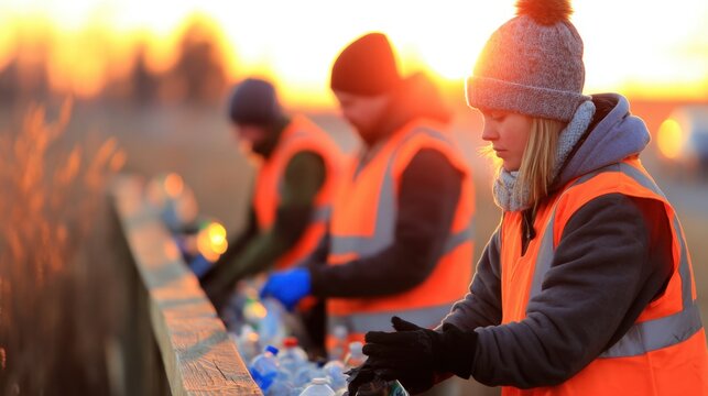 Volunteers collecting plastic waste during sunset near a fence, promoting environmental awareness - Powered by Adobe