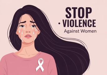 Illustration of a crying woman with long dark hair, wearing a pink shirt with a white ribbon, symbolizing the fight against violence