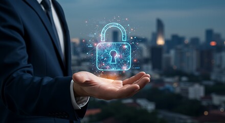 Businessman holding a glowing digital padlock in his palm, symbolizing cybersecurity and data protection against a city skyline backdrop