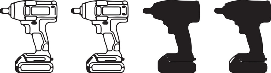 Impact Driver Silhouettes and Outlines generated traced on transparent background