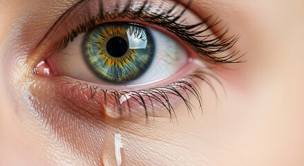 A close-up macro shot of a human eye with a tear rolling down the cheek, showcasing intricate details of the iris and eyelashes.