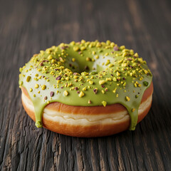 A delicious donut with green pistachio glaze and chopped nuts on a dark rustic wooden table.
