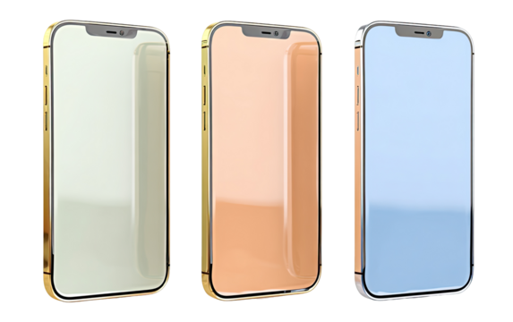 Three smartphones in various pastel colors, angled view