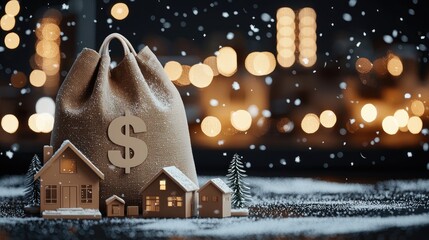 A burlap money bag sits on a wooden table with cash and a calculator nearby, surrounded by sparkling festive lights