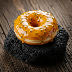A close-up shot of a glazed donut with passion fruit topping, resting on a dark stone.