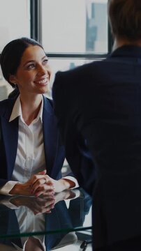 Businesswoman conducts interview, Corporate interview with confident woman, Urban corporate environment featuring poised Latina executive interviewing potential employee across glass table