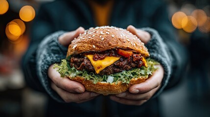 Close-up of a man's hands holding a burger with meat, cheese and vegetables