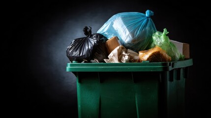 A vibrant green trash bin overflowing with various types of waste, set against a dark background