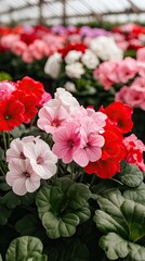 Fototapeta premium Bright blooms in red and white fill baskets and pots, creating a cheerful atmosphere in the garden shop during a sunny afternoon