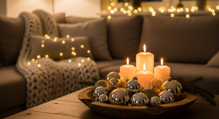 Cozy Christmas living room interior with candles and ornaments