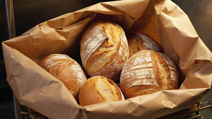A rustic paper bag filled with freshly baked bread, showcasing the warmth and aroma of homemade goodness