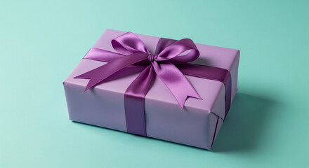 Purple gift box with matching satin ribbon bow on pastel background.