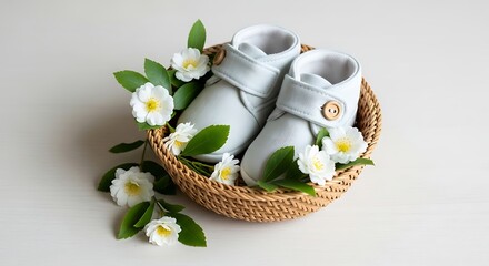 White baby booties in a woven basket surrounded by small white flowers