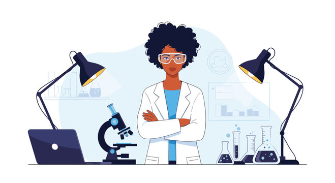 Confident black female scientist with curly hair, wearing a lab coat and safety goggles, standing arms crossed amidst laboratory equipment.