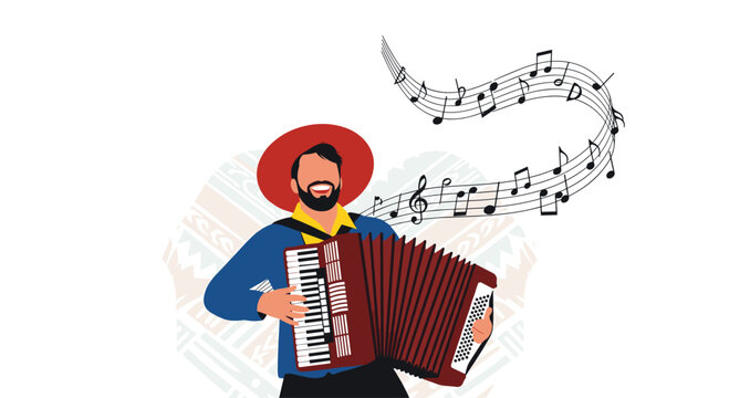 Cheerful bearded man wearing a hat, happily playing an accordion with musical notes gracefully floating around, signifying joy and rhythm.