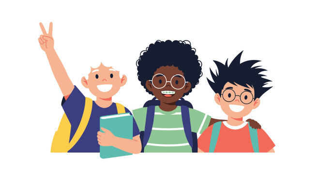 Three cheerful and diverse schoolboys, each with a backpack and books, smiling and showing a peace sign, symbolizing friendship and unity.