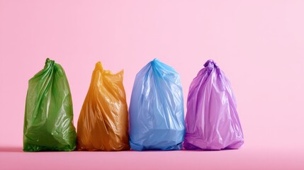 Colorful garbage bags arranged on a pink background, showcasing waste management and recycling concepts