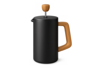 Modern black french press coffee maker with wooden handle, preparing fresh brewed caffeine beverage, kitchen equipment