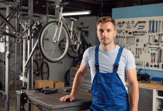 Bike shop mechanic wearing blue overalls examines a mounted bicycle by the workbench