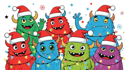 Joyful cartoon monsters in Santa hats and festive lights celebrate Christmas with vibrant holiday cheer