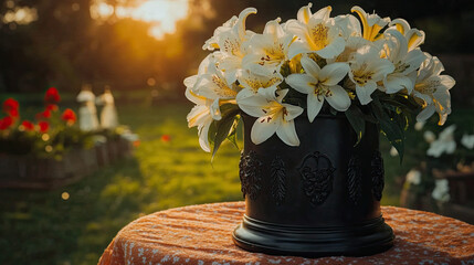 Mortuary urn with ribbon and flower on table against dark background. Dark ceramic urn placed beside soft pink rose