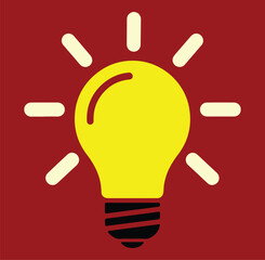 Bright yellow light bulb vector with radiating lines on red background vector icon
