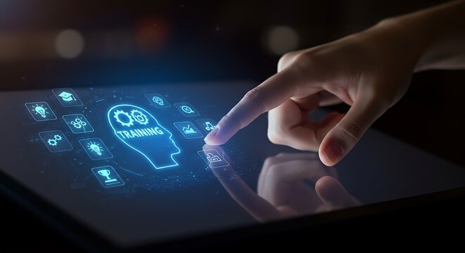 Persons finger pressing a button on a digital screen displaying an ai head icon and surrounding symbols