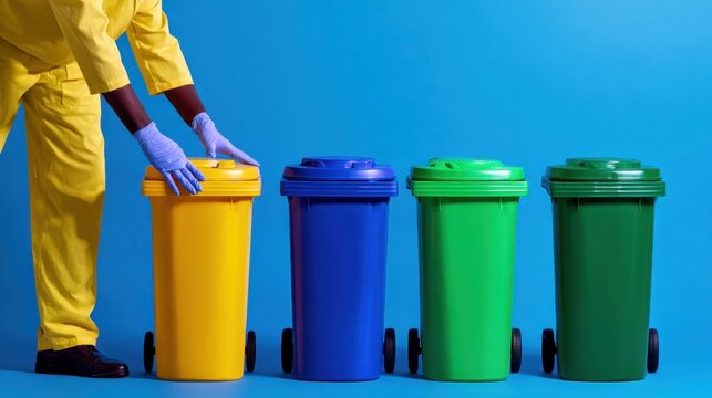 Worker in yellow suit sorting waste into colorful bins against a blue background, promoting recycling awareness