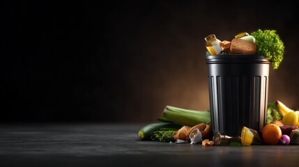 Overflowing trash can filled with food waste and discarded vegetables against a dark, moody background